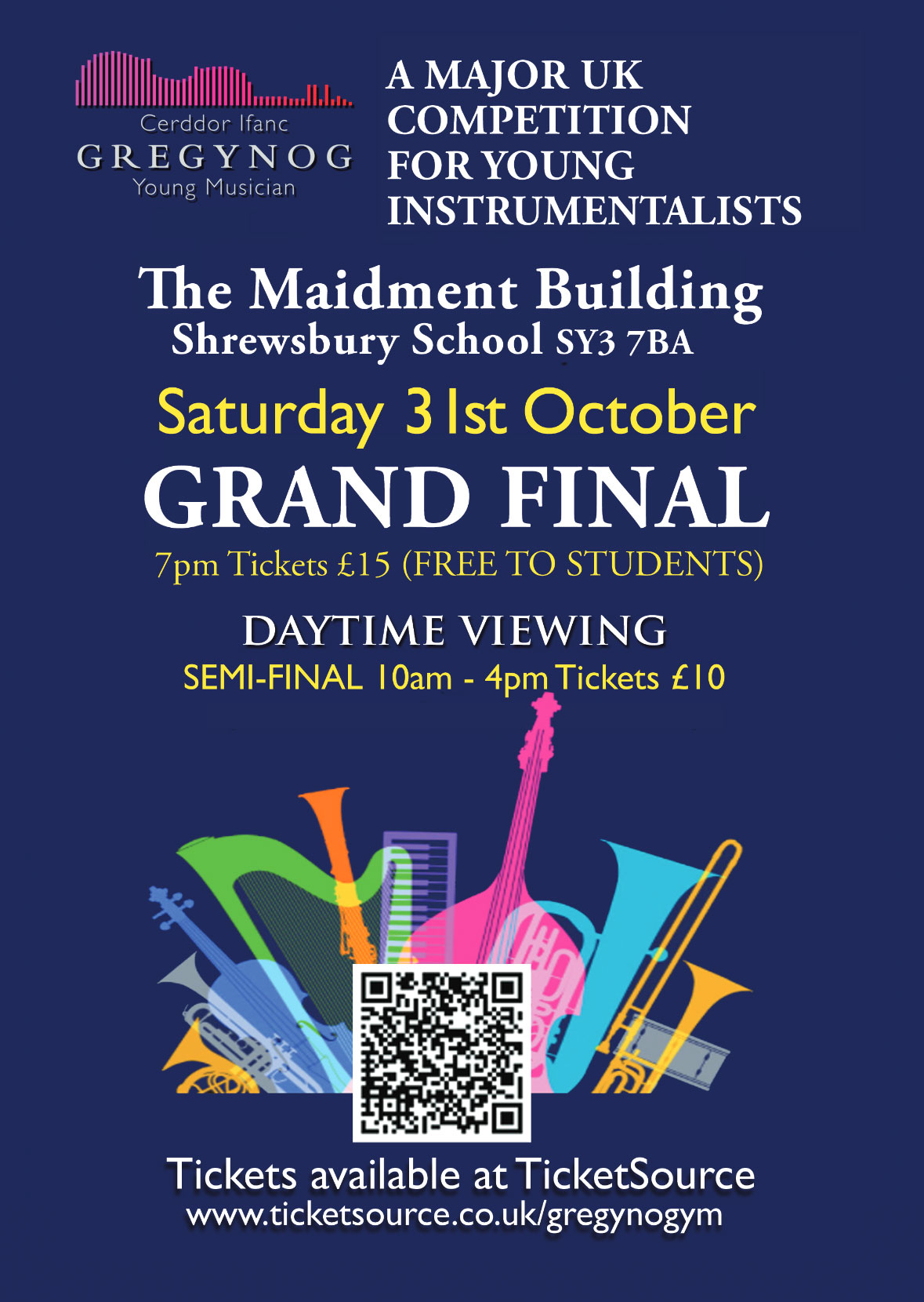 Grand Final poster: Gregynog Young Musician Competition, Saturday 31st October 2026, 7pm, The Maidment Building, Shrewsbury School